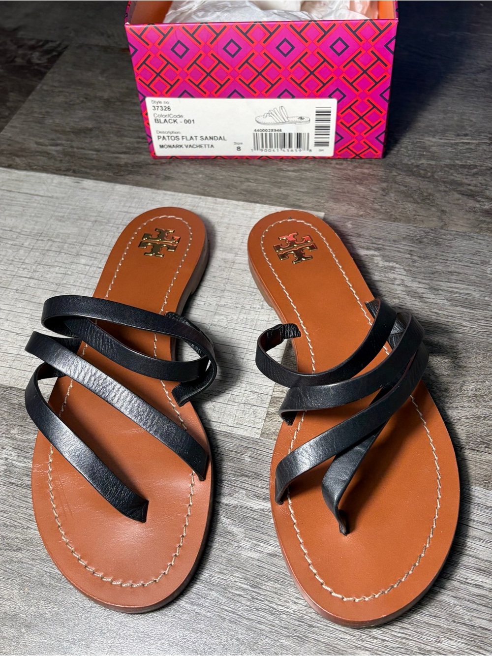 Tory Burch Black Strappy Leather Flat Sandals on Tan Footbed